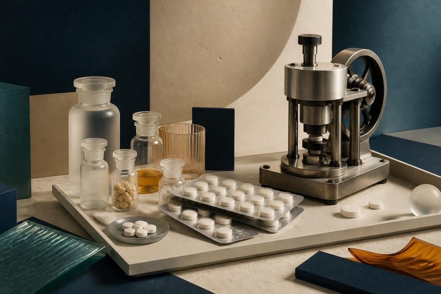 Minh họa biên tập AI về hoạt động chính của Imexpharm (Dược phẩm & công nghệ sinh học); không phải ảnh doanh nghiệp, nhà máy hay sự kiện có thật.